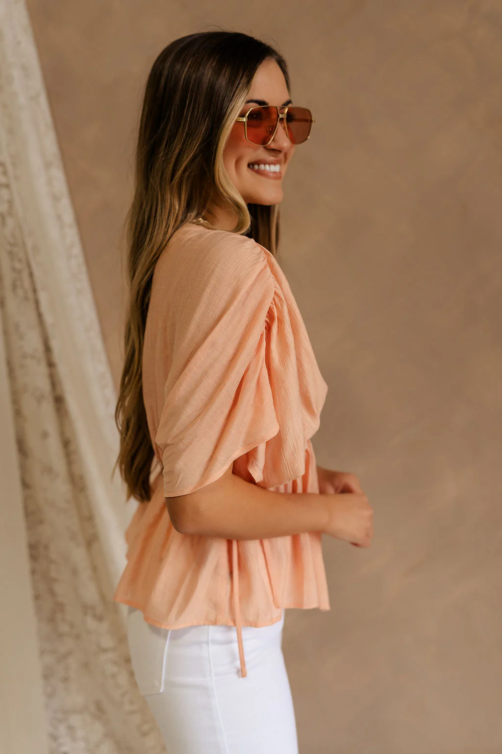 Juliet Peach Ruched Short Sleeve Top - Image 5