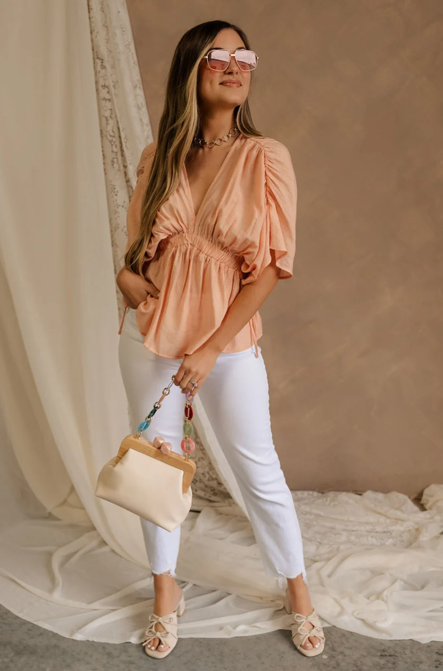 Juliet Peach Ruched Short Sleeve Top - Image 6