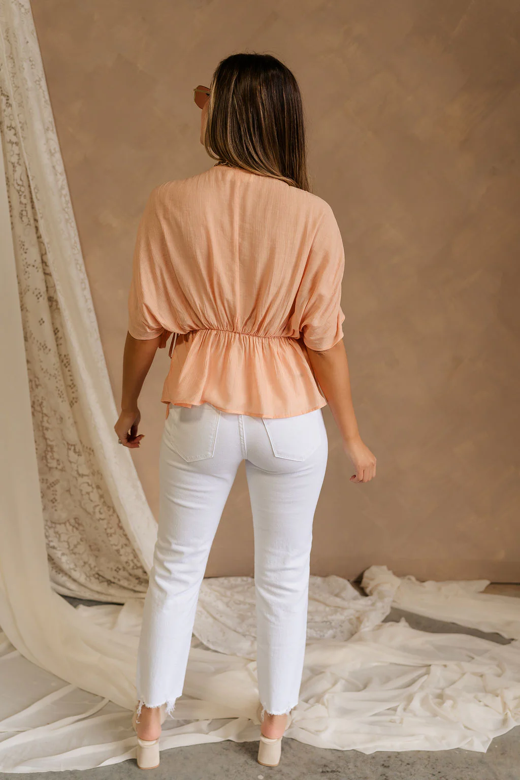 Juliet Peach Ruched Short Sleeve Top - Image 7