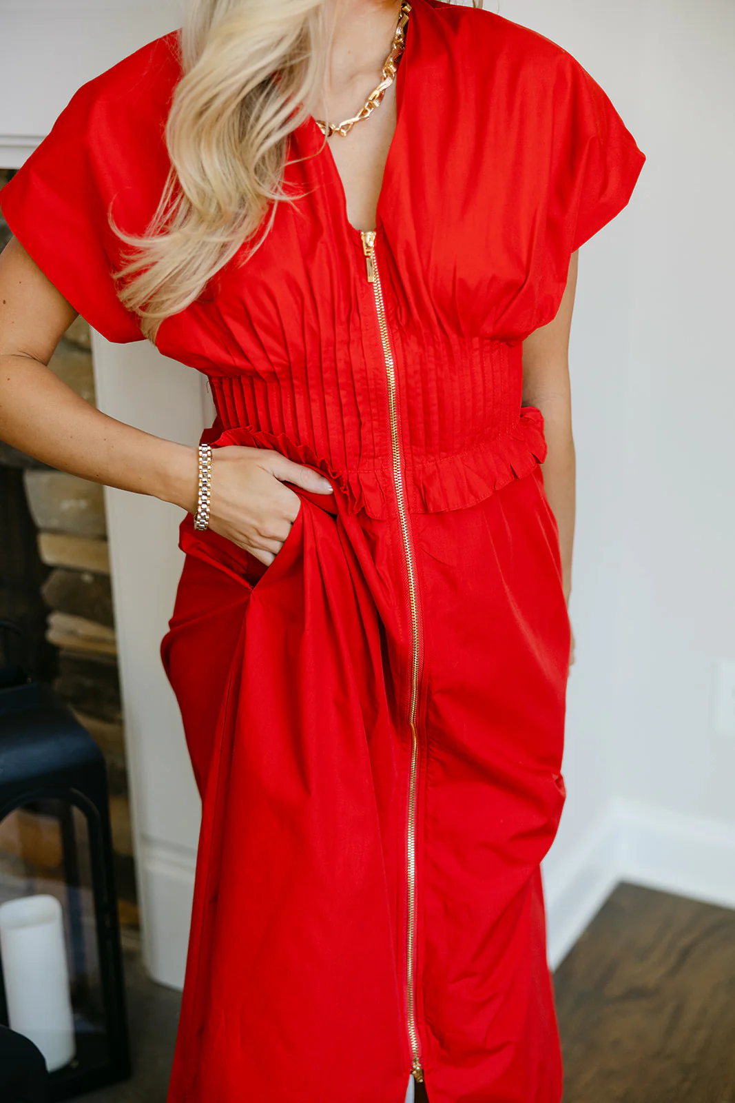 Juliet Red Smocked Gold Zip-Up Midi Dress - Image 10