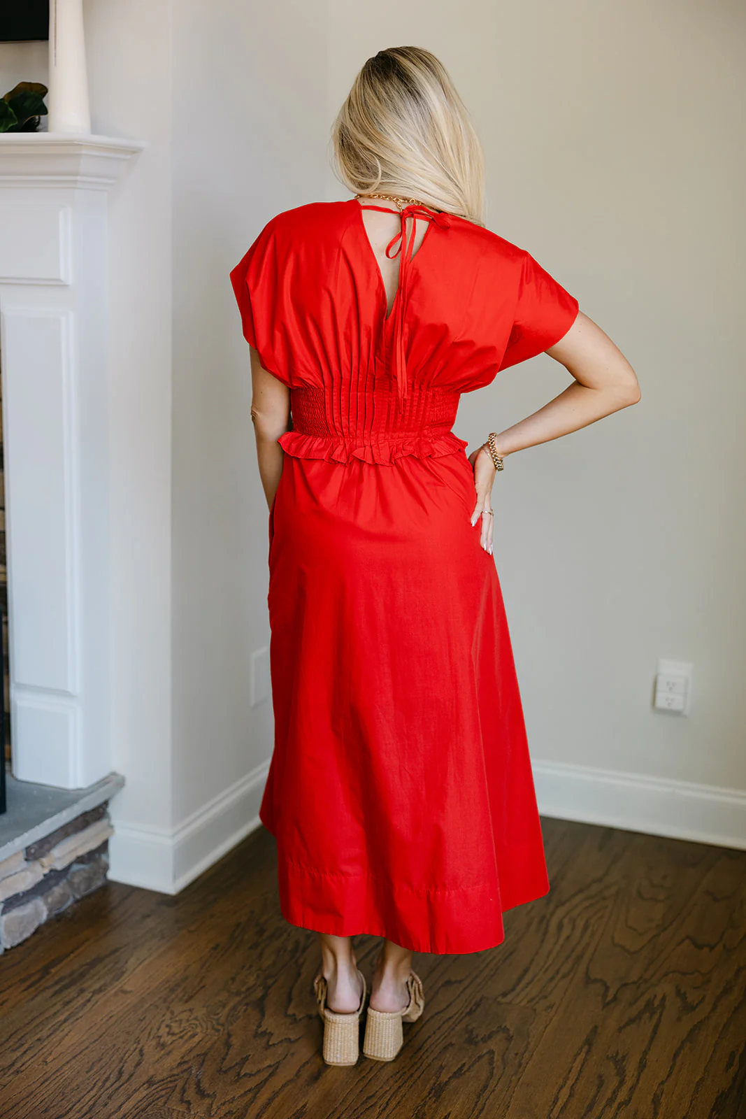 Juliet Red Smocked Gold Zip-Up Midi Dress - Image 14