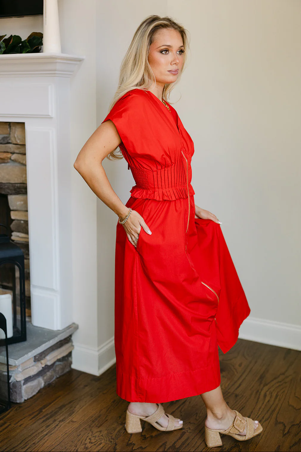 Juliet Red Smocked Gold Zip-Up Midi Dress - Image 3