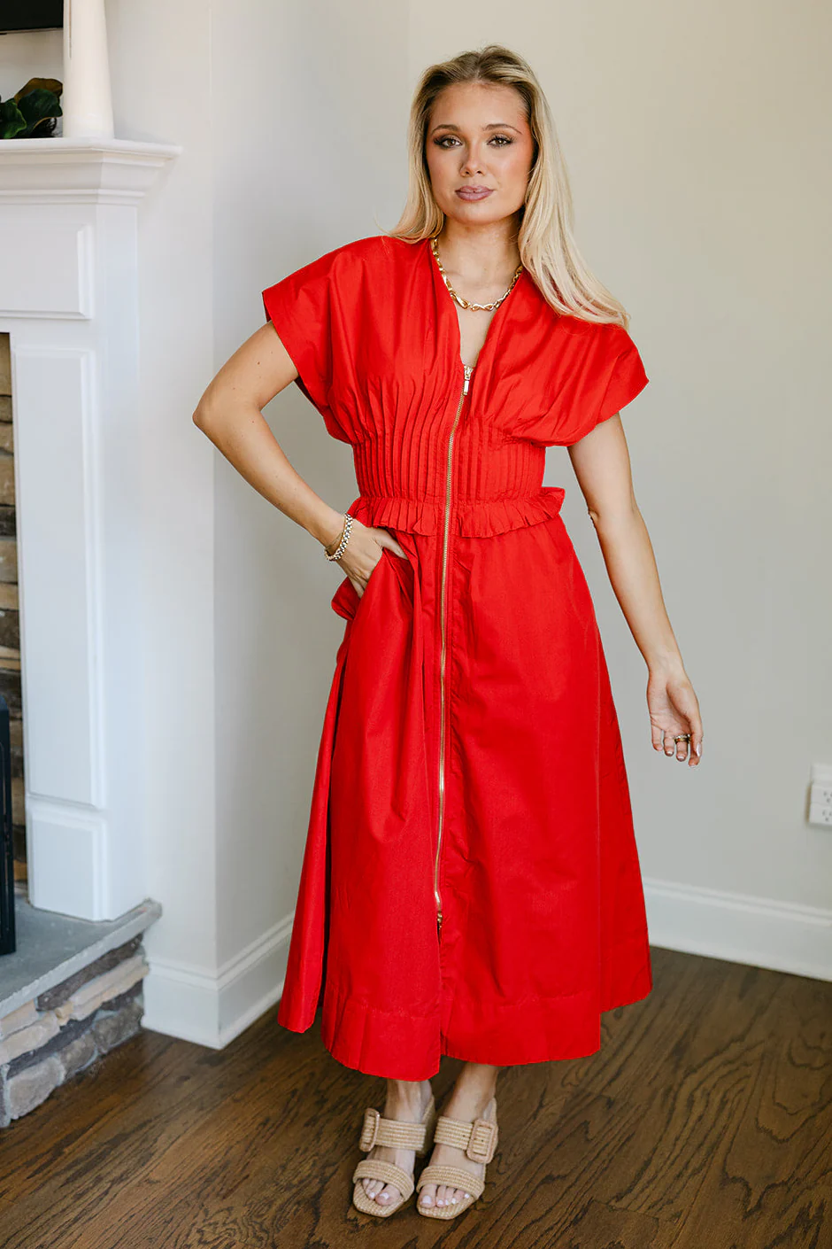 Juliet Red Smocked Gold Zip-Up Midi Dress - Image 5