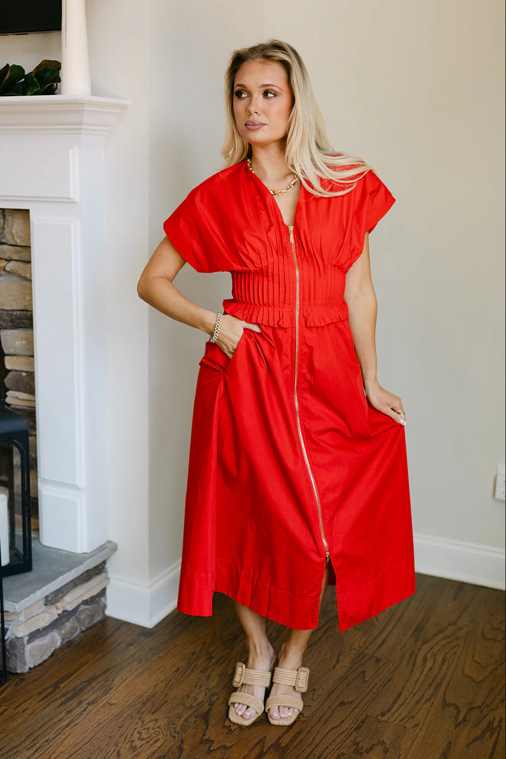 Juliet Red Smocked Gold Zip-Up Midi Dress - Image 6