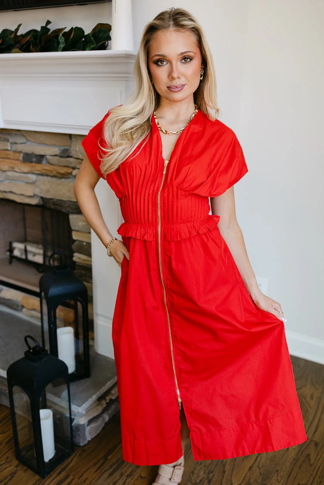 Juliet Red Smocked Gold Zip-Up Midi Dress - Image 8