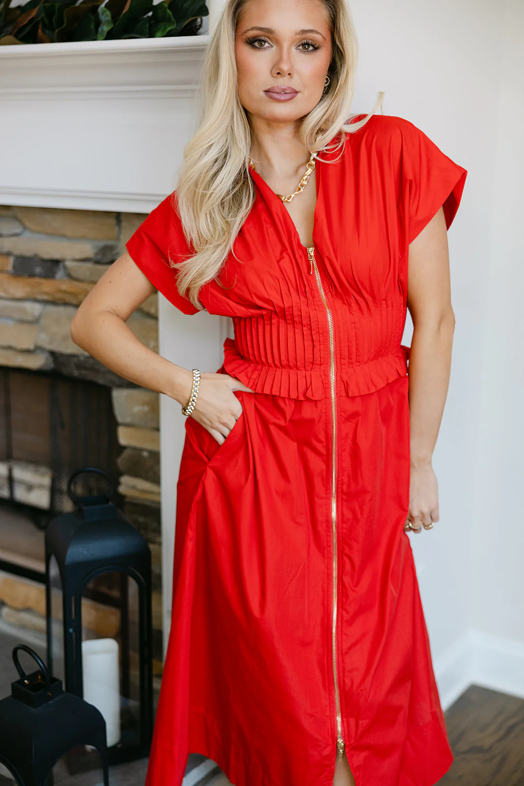 Juliet Red Smocked Gold Zip-Up Midi Dress - Image 9