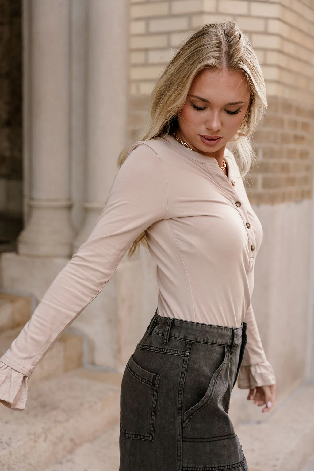 Julietta Taupe Eyelet Flare Sleeves Top - Image 6
