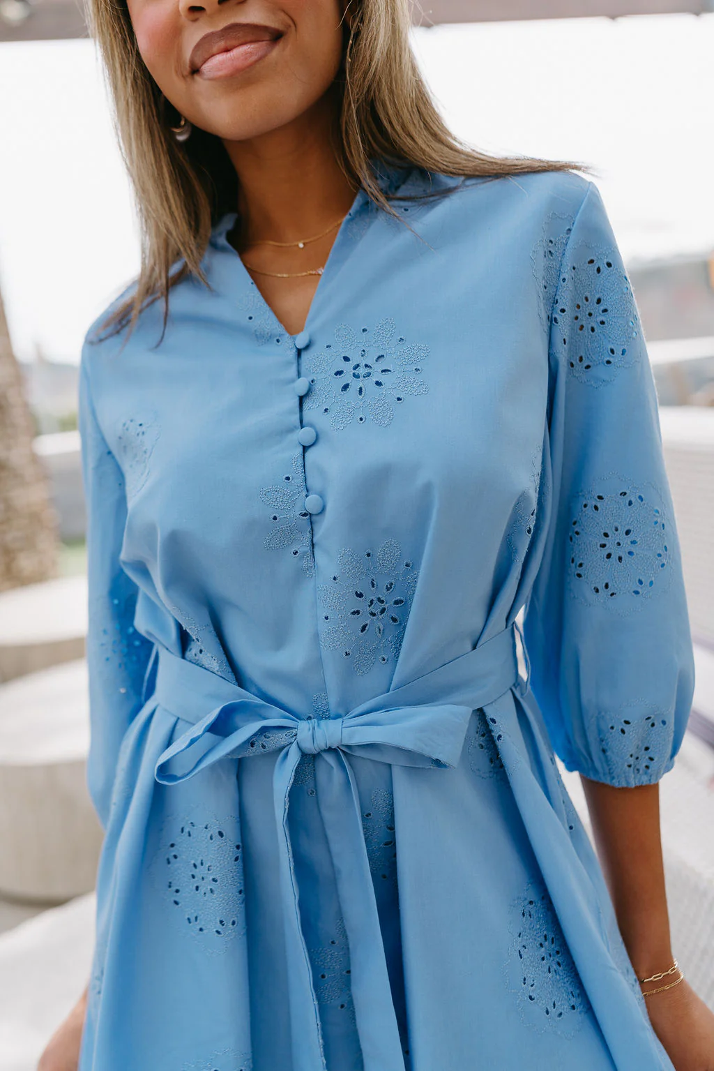 Juliette Slate Blue Eyelet Mini Dress - Image 5