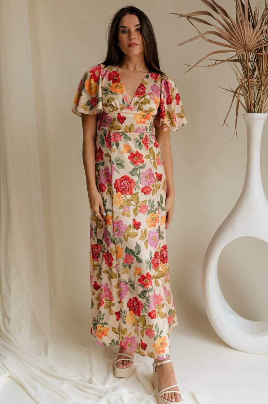 Kai Multi Floral & Taupe Satin Midi Dress - Image 5
