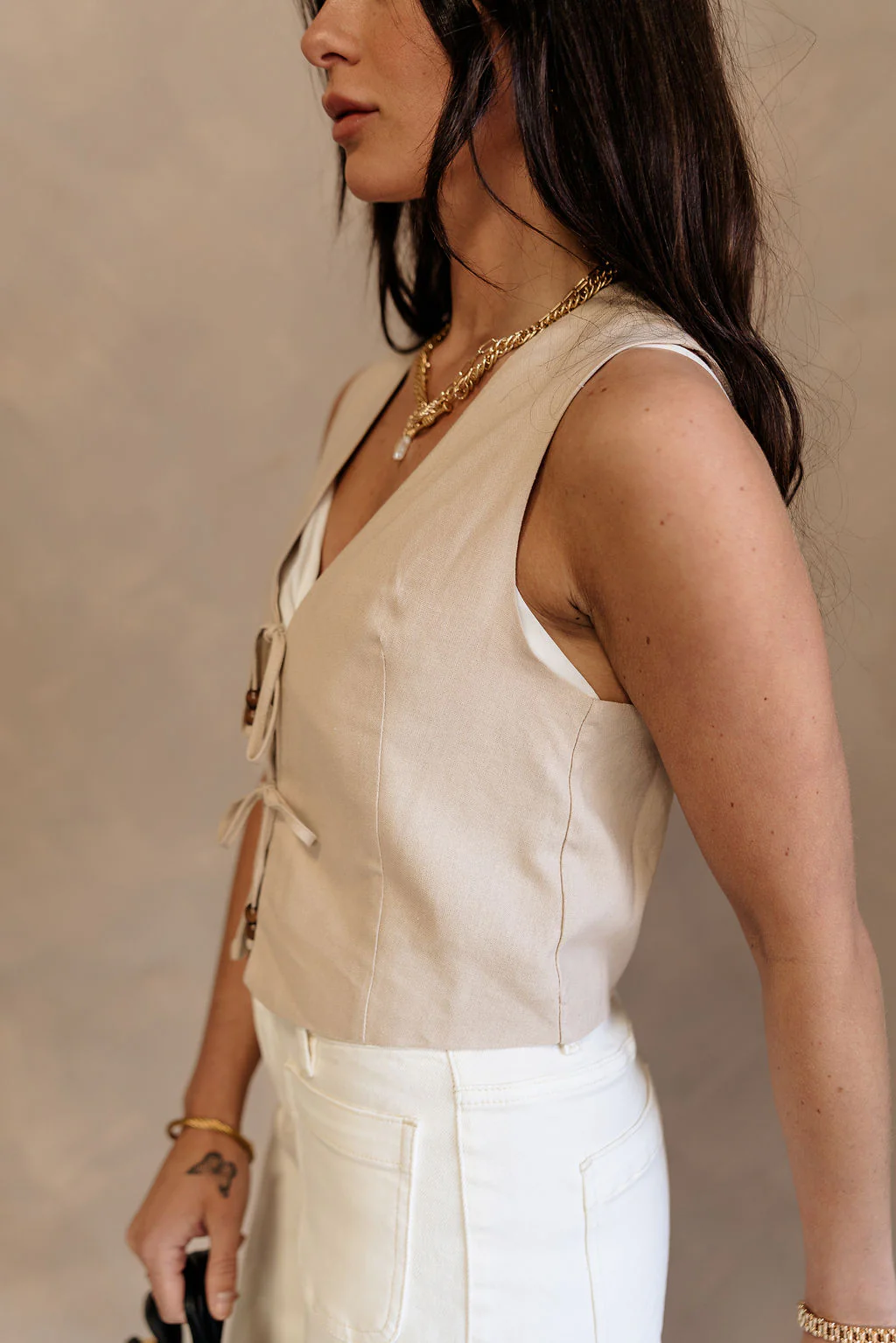 Kaitlin Khaki Tie Front Vest - Image 4
