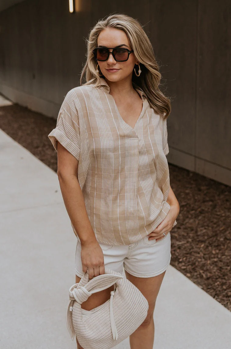 Kali Light Beige Plaid Short Sleeve Top - Image 2
