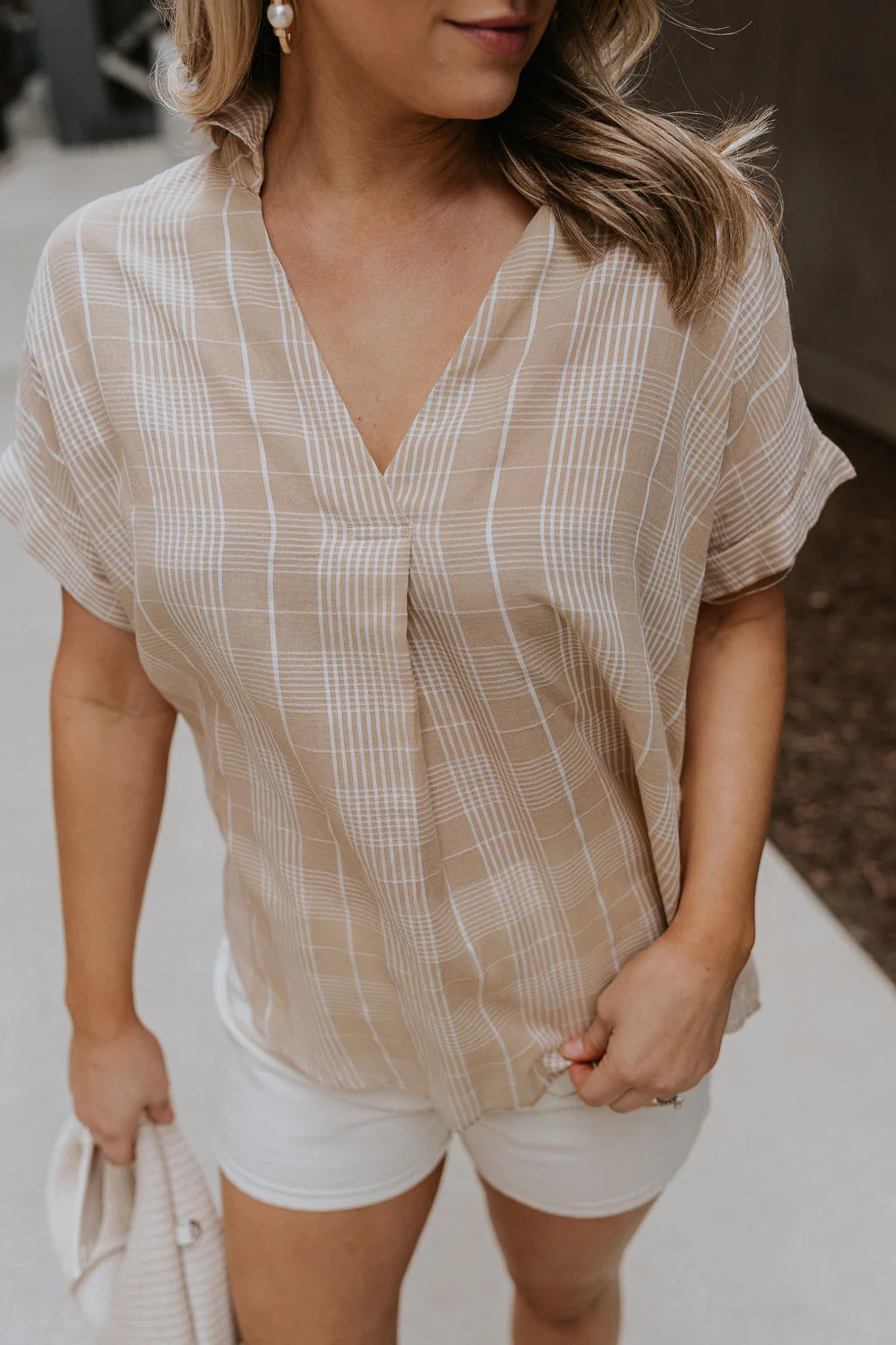 Kali Light Beige Plaid Short Sleeve Top - Image 4