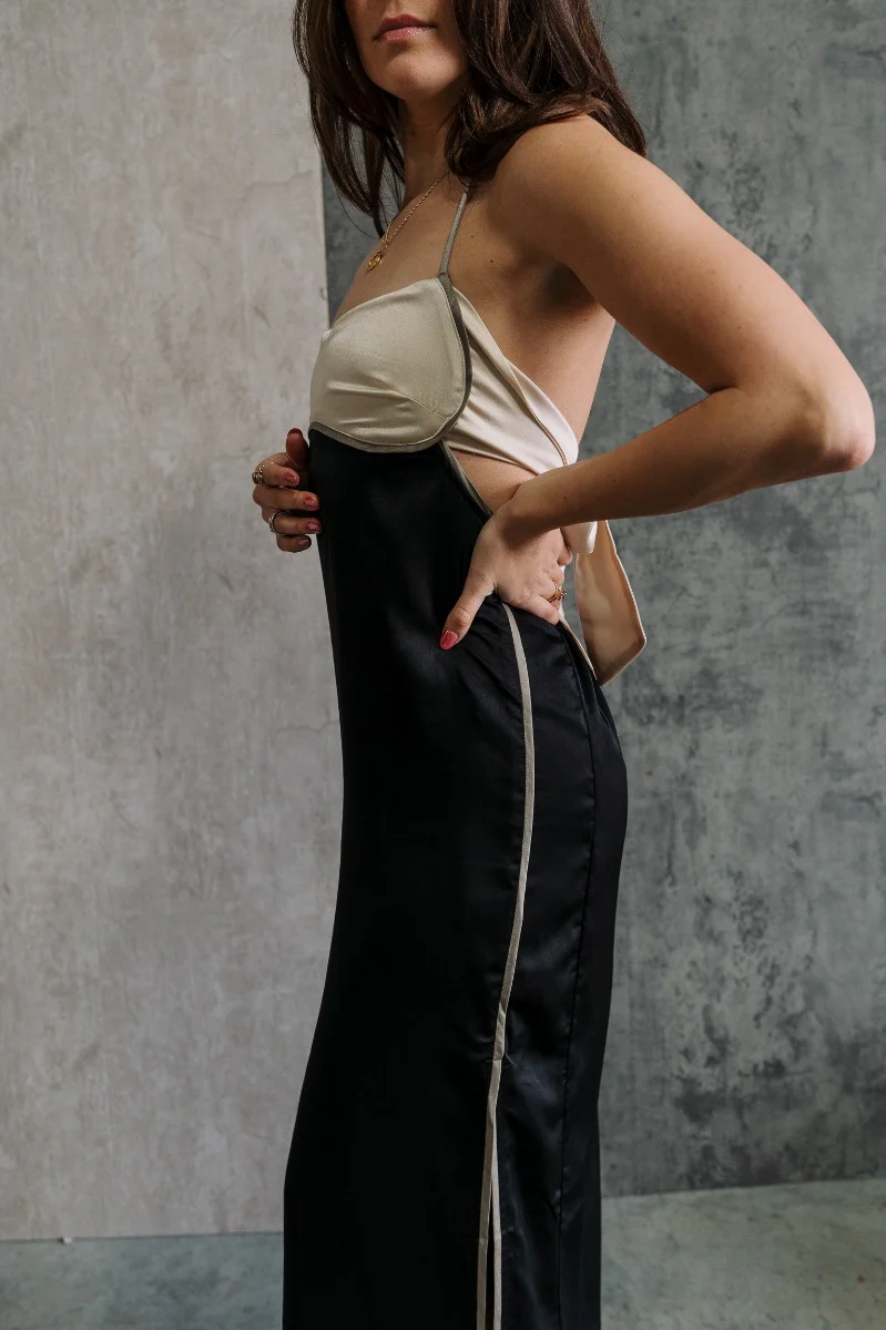 Kaliyah Black & Cream Satin Midi Dress - Image 6