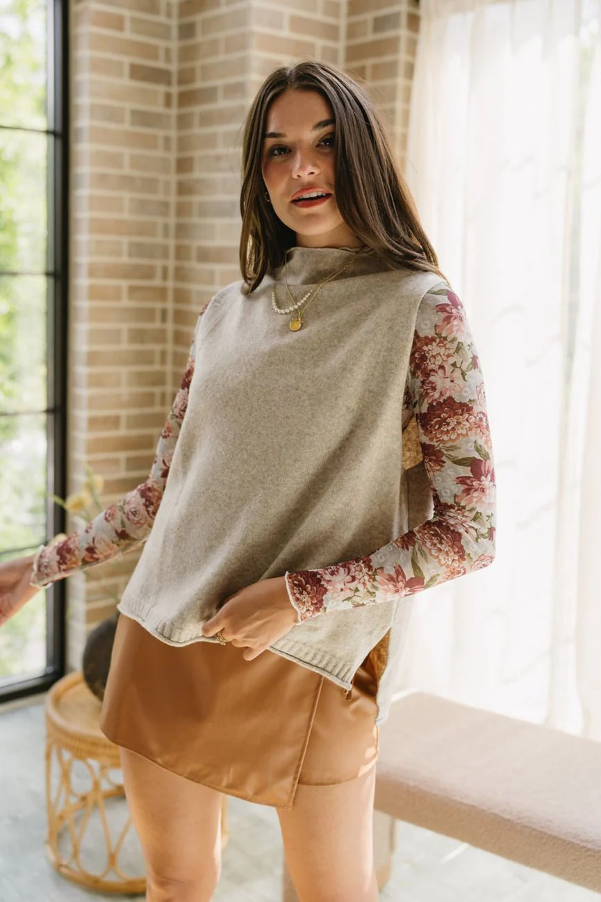 Kara Taupe Sleeveless Mock Neck Sweater - Image 2