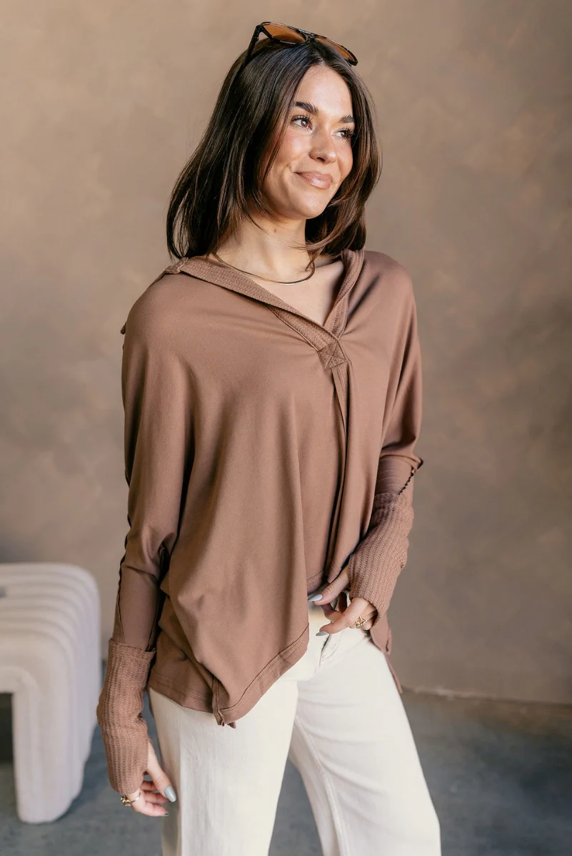 Karlee Mocha Collared Long Sleeve Top
