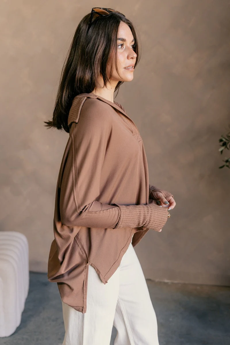 Karlee Mocha Collared Long Sleeve Top - Image 6