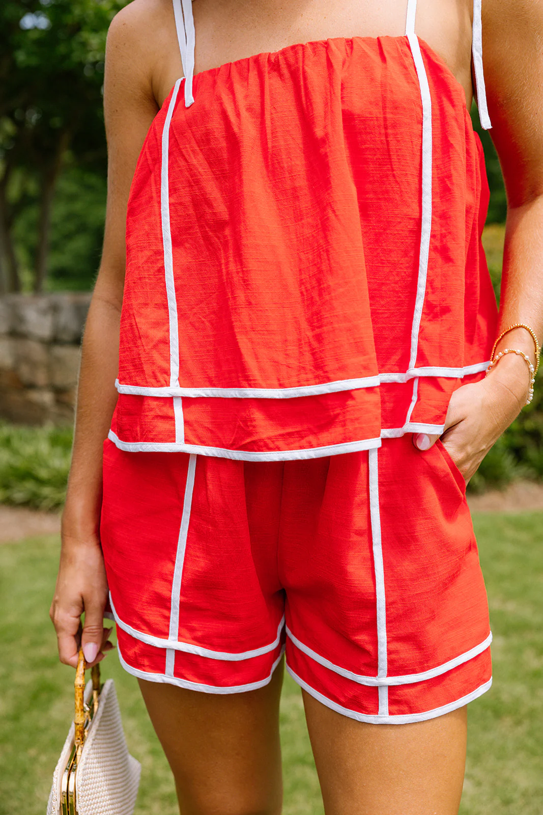 Kate Red & White Linen Sleeveless Romper - Image 3