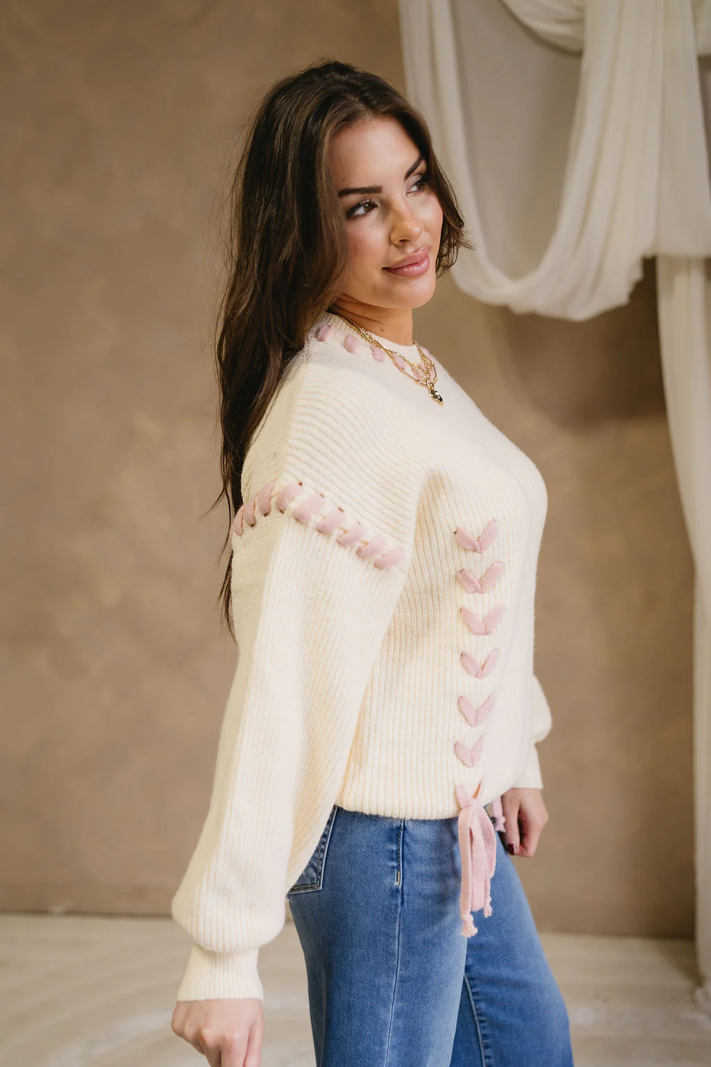 Kellie Cream & Pink Laced Bow Sweater - Image 4