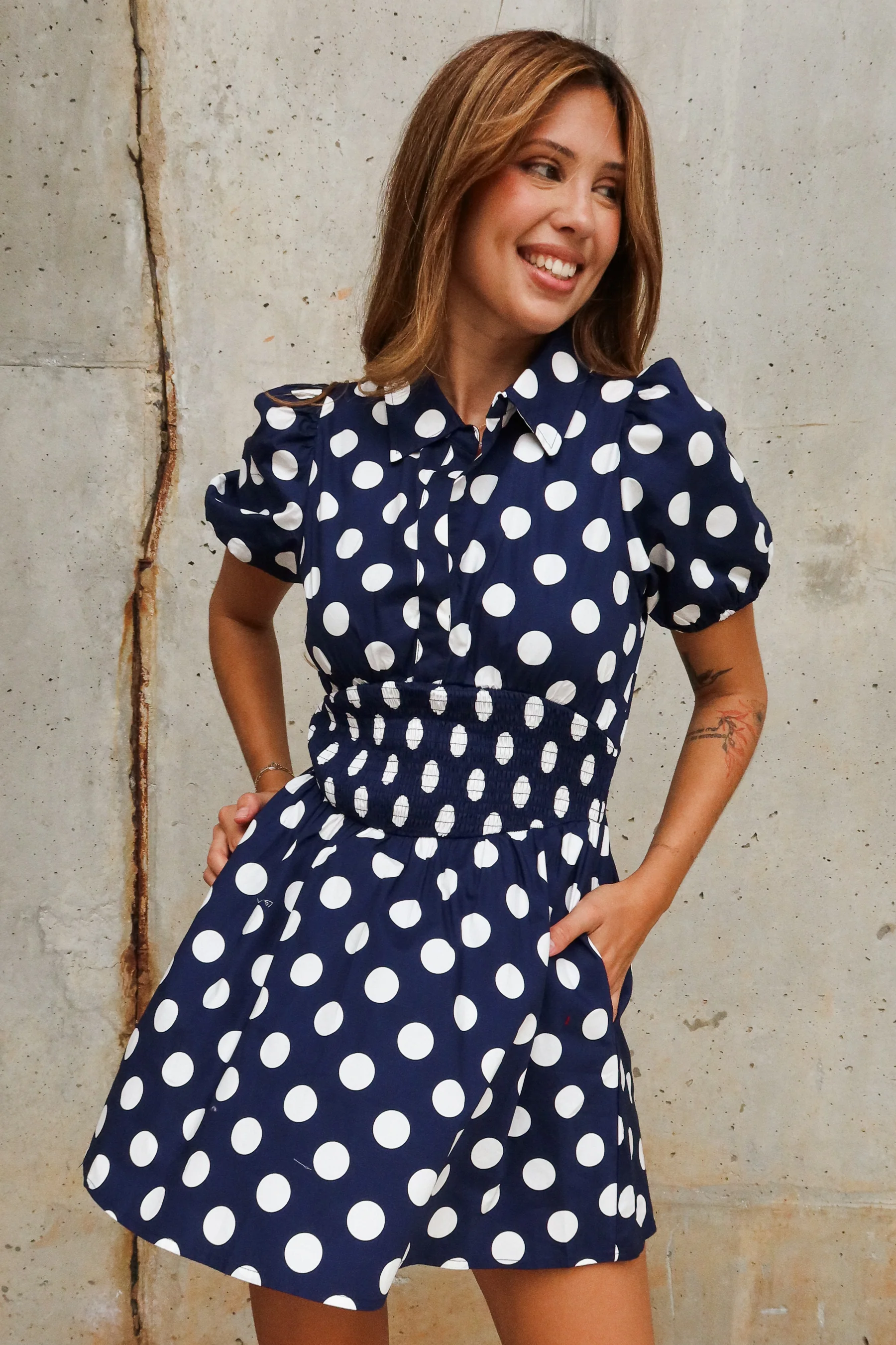 Kellyn Navy & White Polka Dot Mini Dress - Image 3