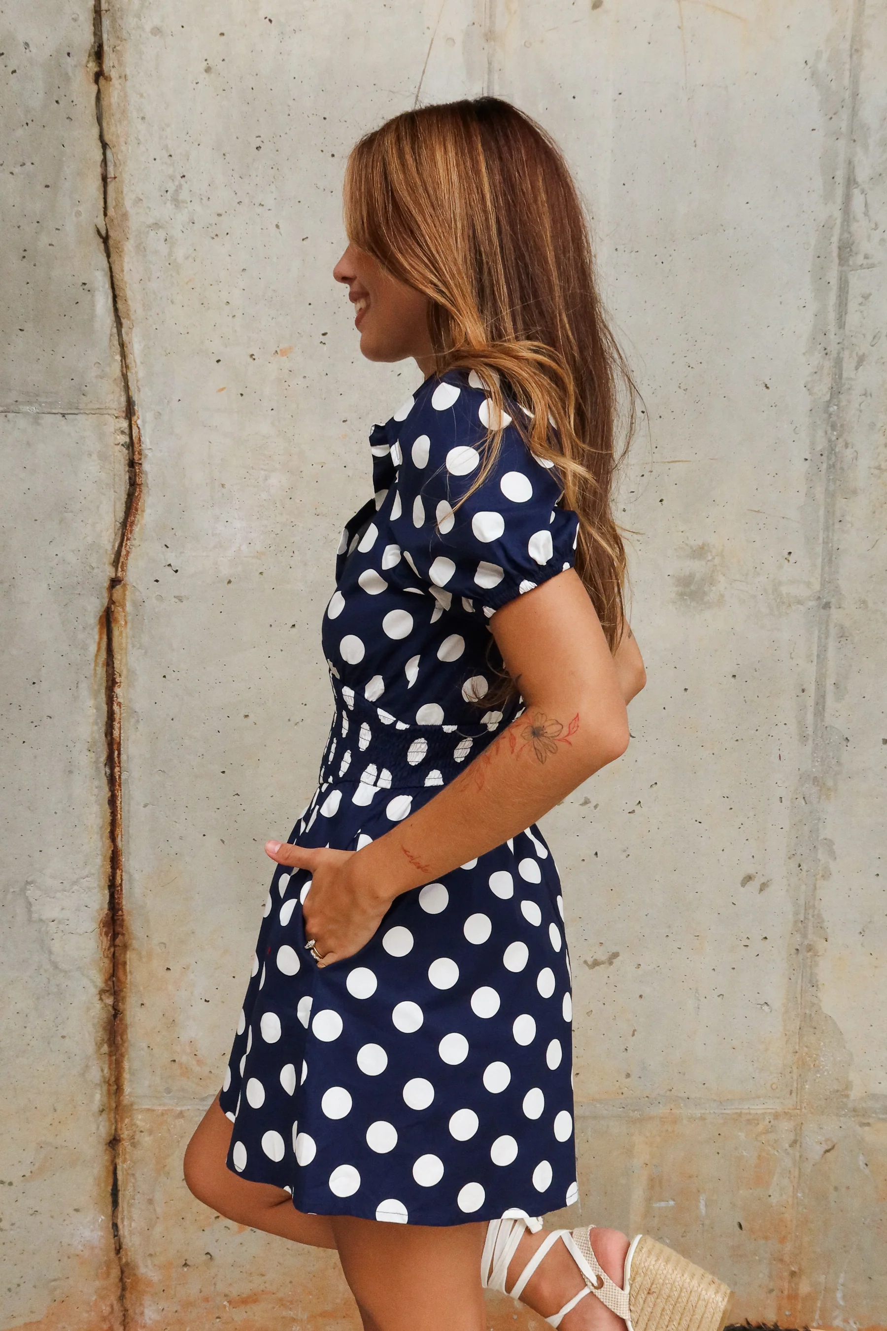 Kellyn Navy & White Polka Dot Mini Dress - Image 5