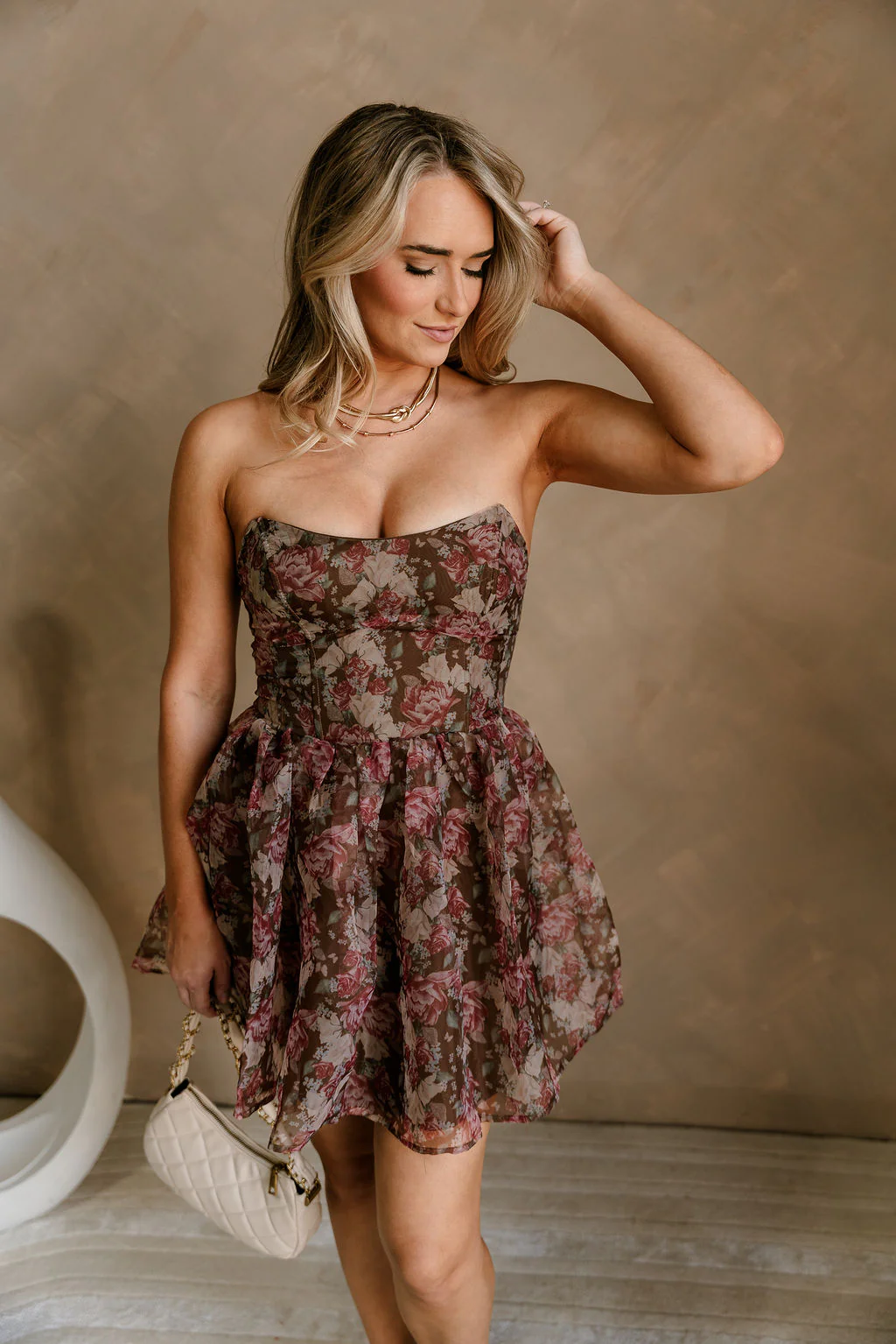 Kelsey Brown Floral Strapless Mini Dress - Image 3