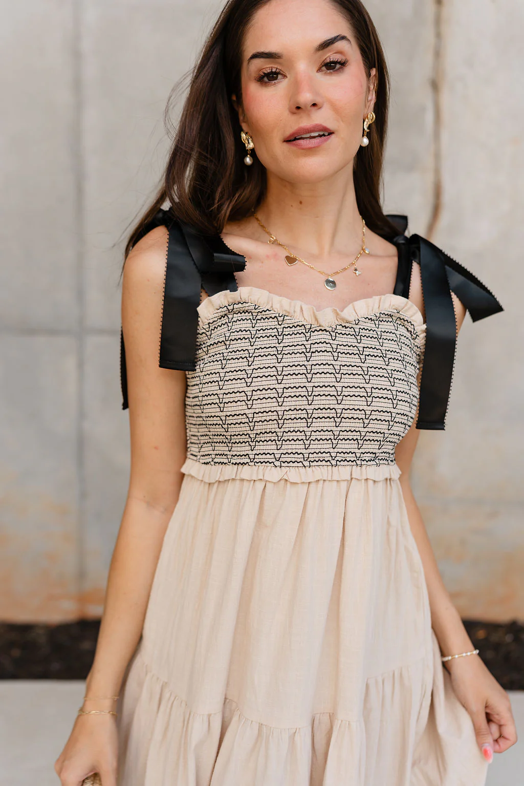 Kendra Taupe & Black Tie Strap Maxi Dress - Image 4