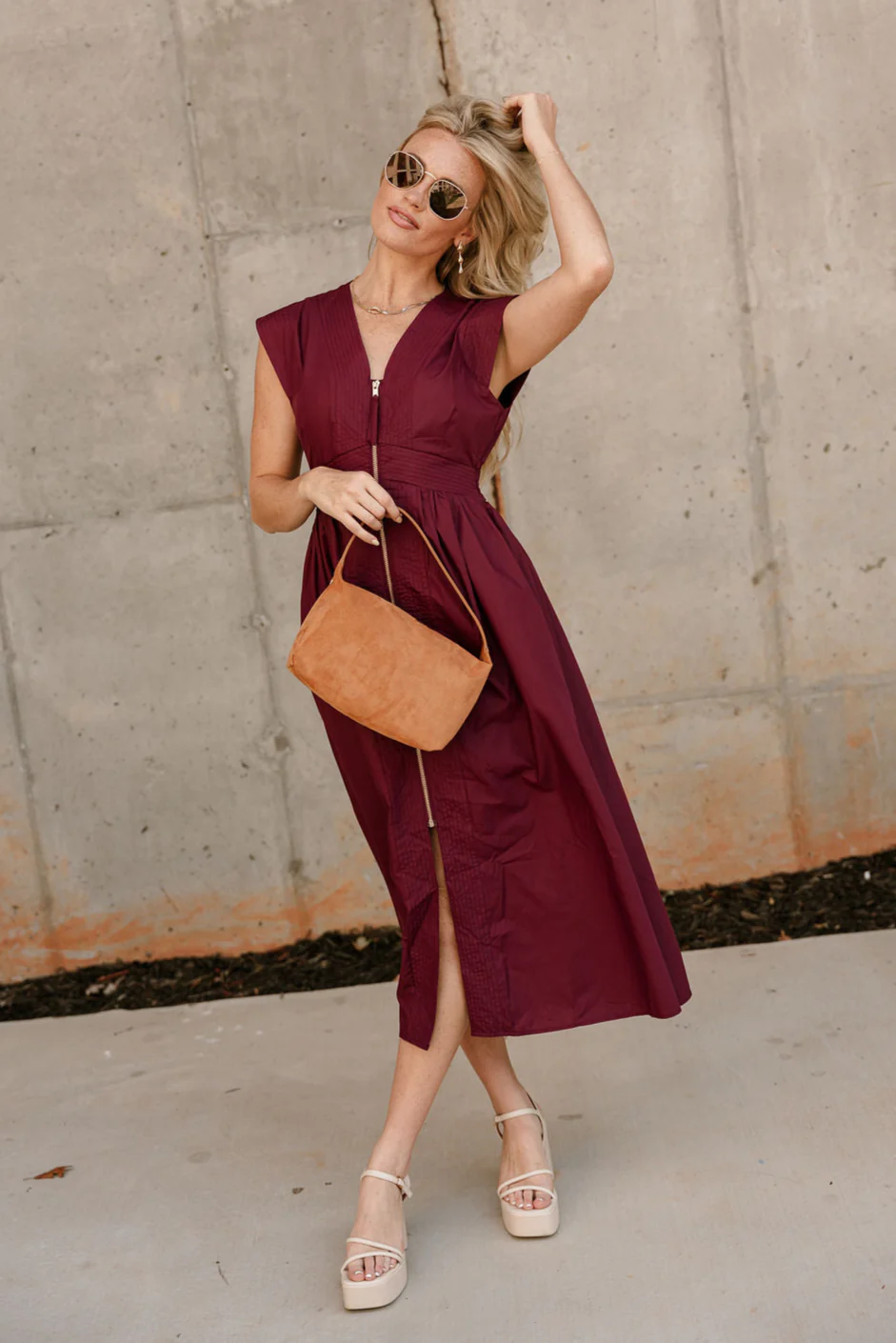 Kennedi Wine Zip-Up Midi Dress