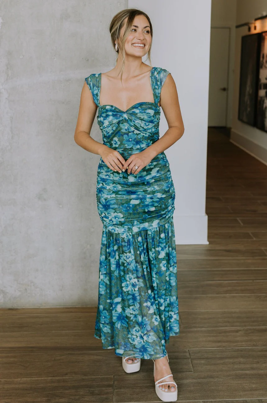 Khloe Blue & Green Floral Ruched Midi Dress
