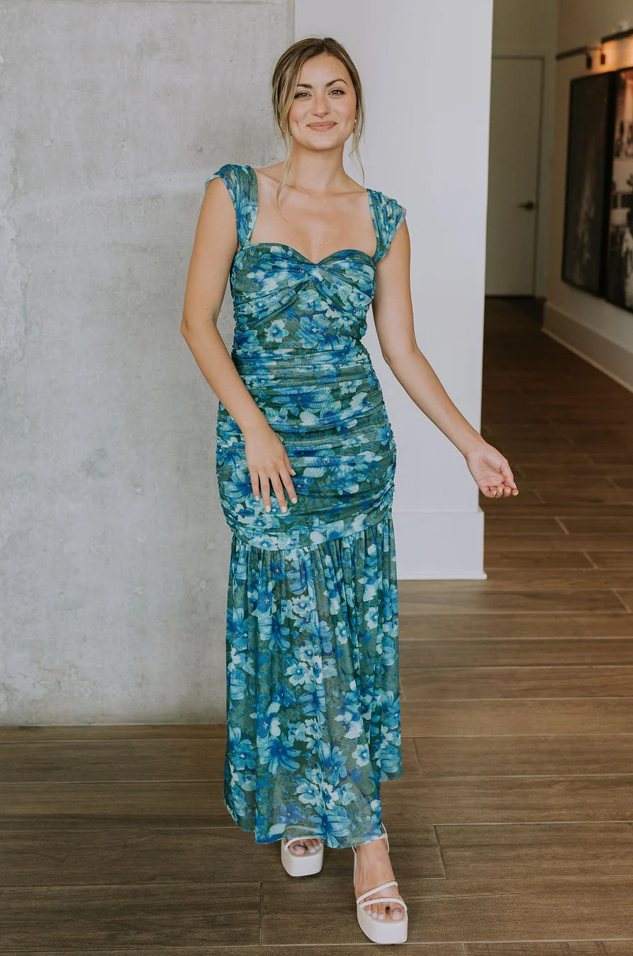Khloe Blue & Green Floral Ruched Midi Dress - Image 8