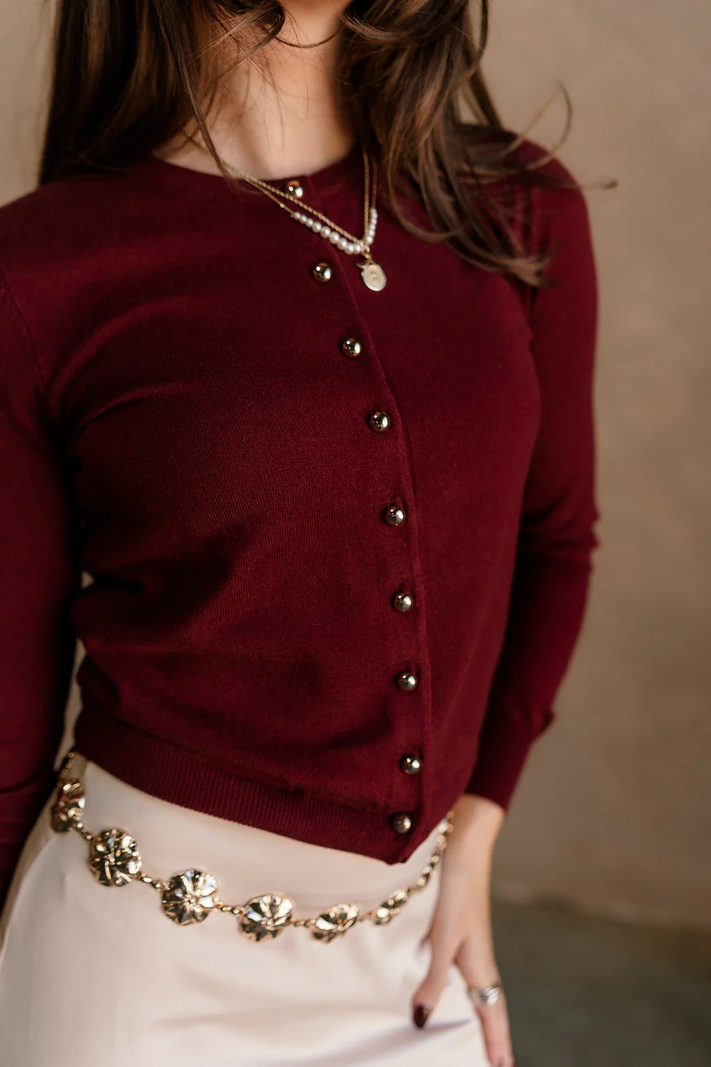 Kiara Burgundy & Gold Button-Up Cardigan - Image 4