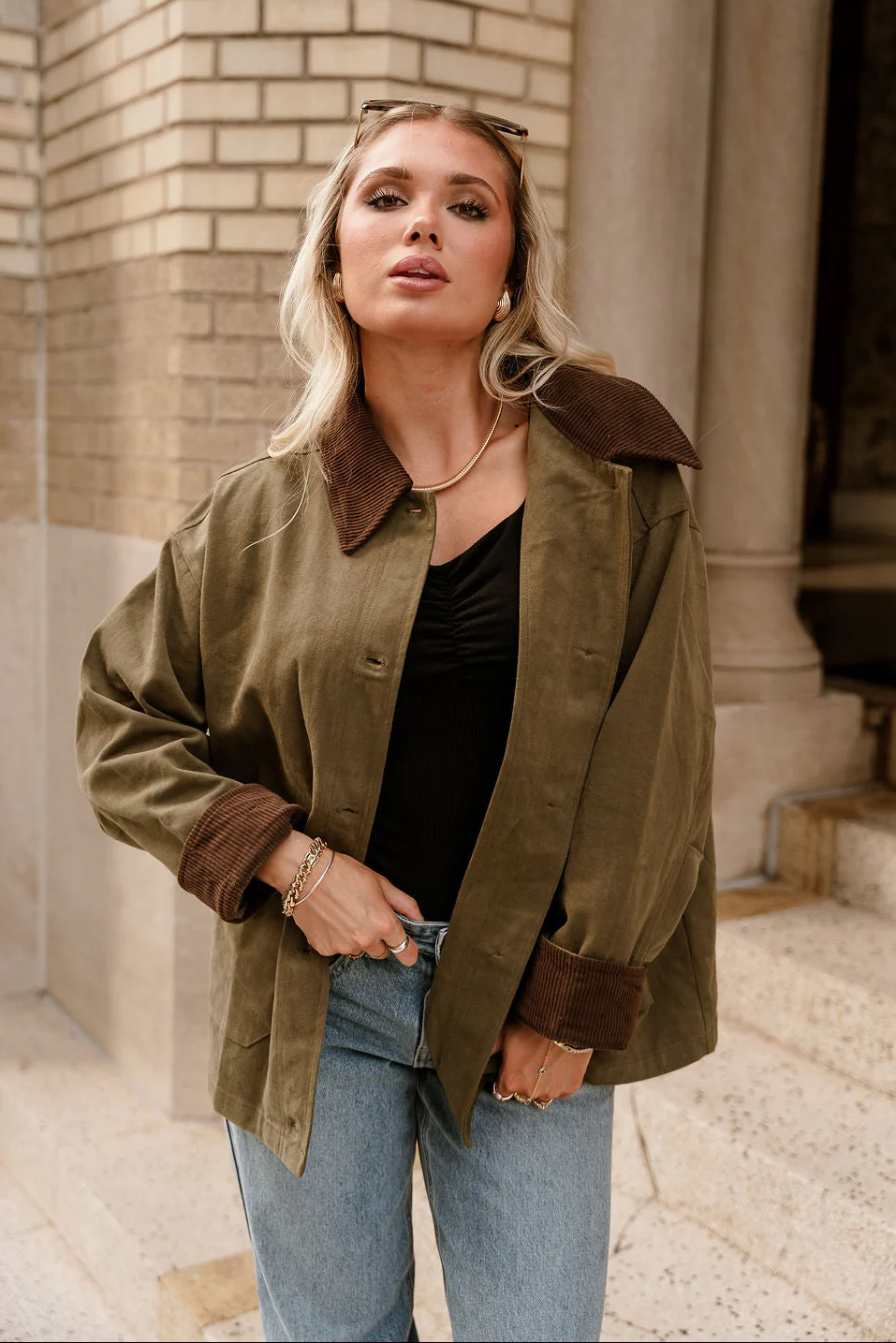 Kiara Olive & Brown Corduroy Collar Jacket