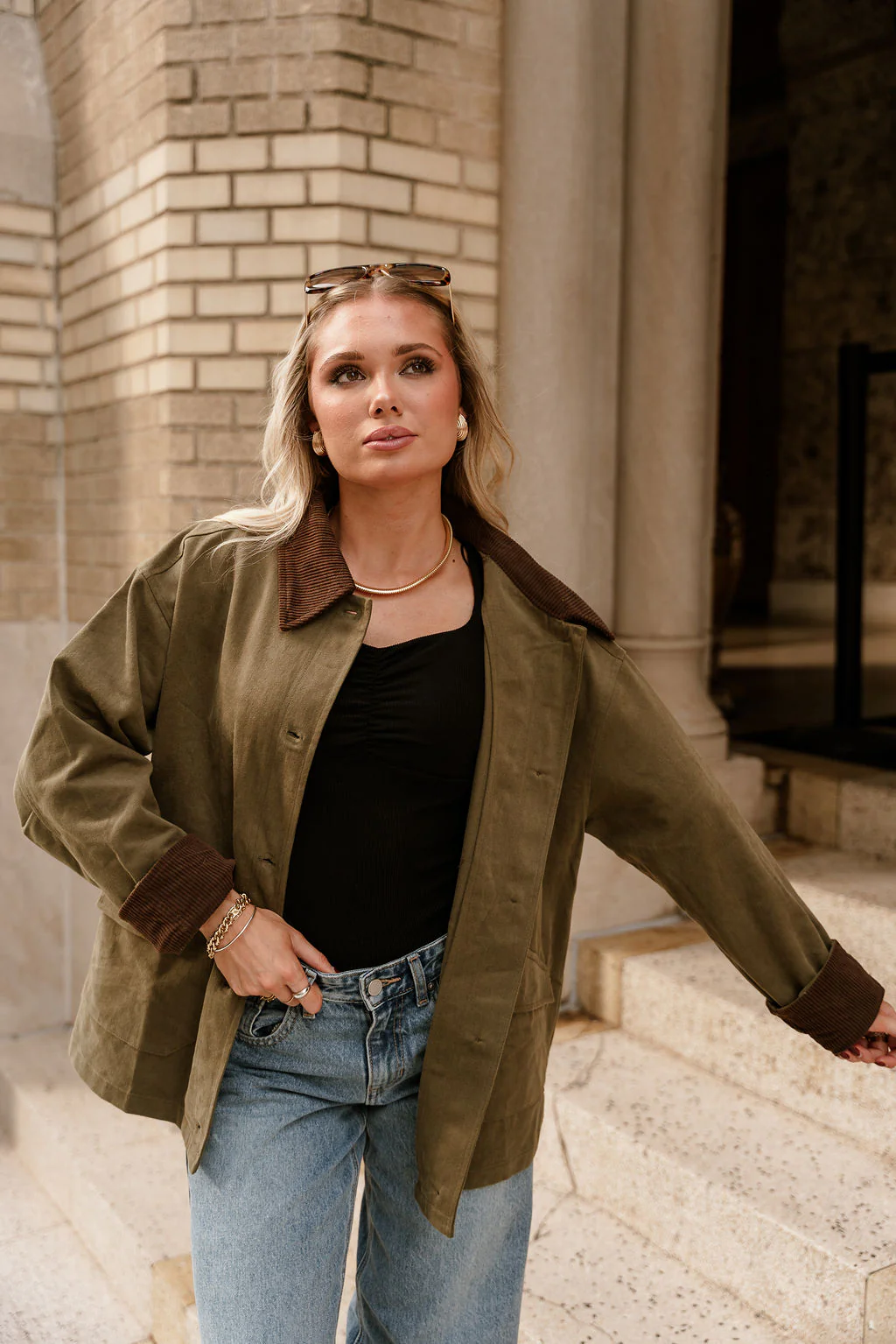 Kiara Olive & Brown Corduroy Collar Jacket - Image 5