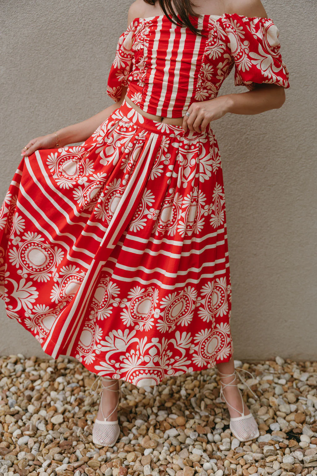 Kiara Red & Cream Floral Midi Skirt - Image 2