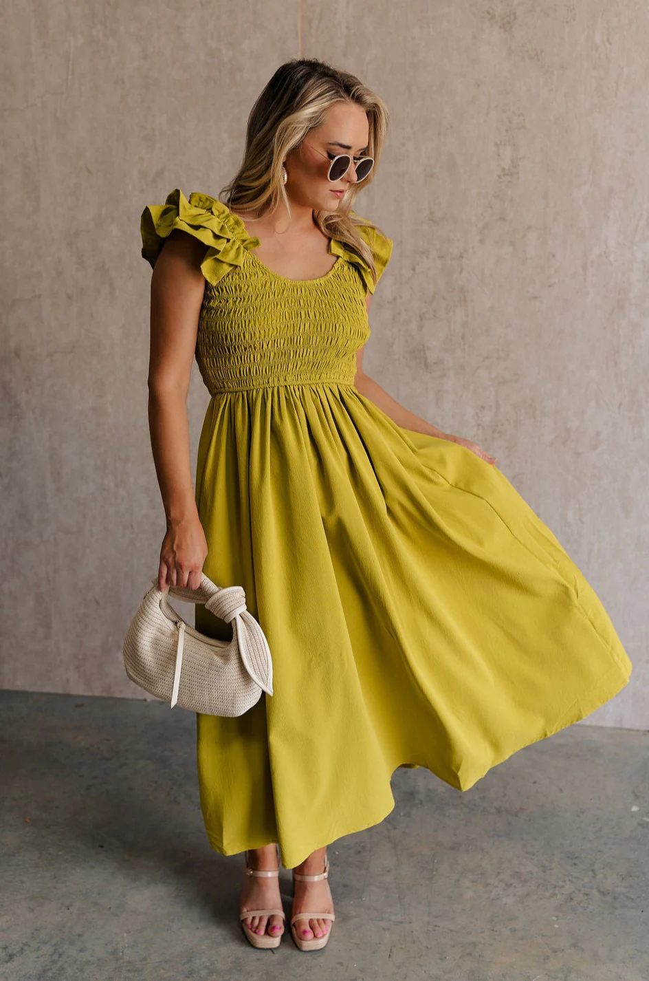 Kristina Chartreuse Smocked Sleeveless Midi Dress