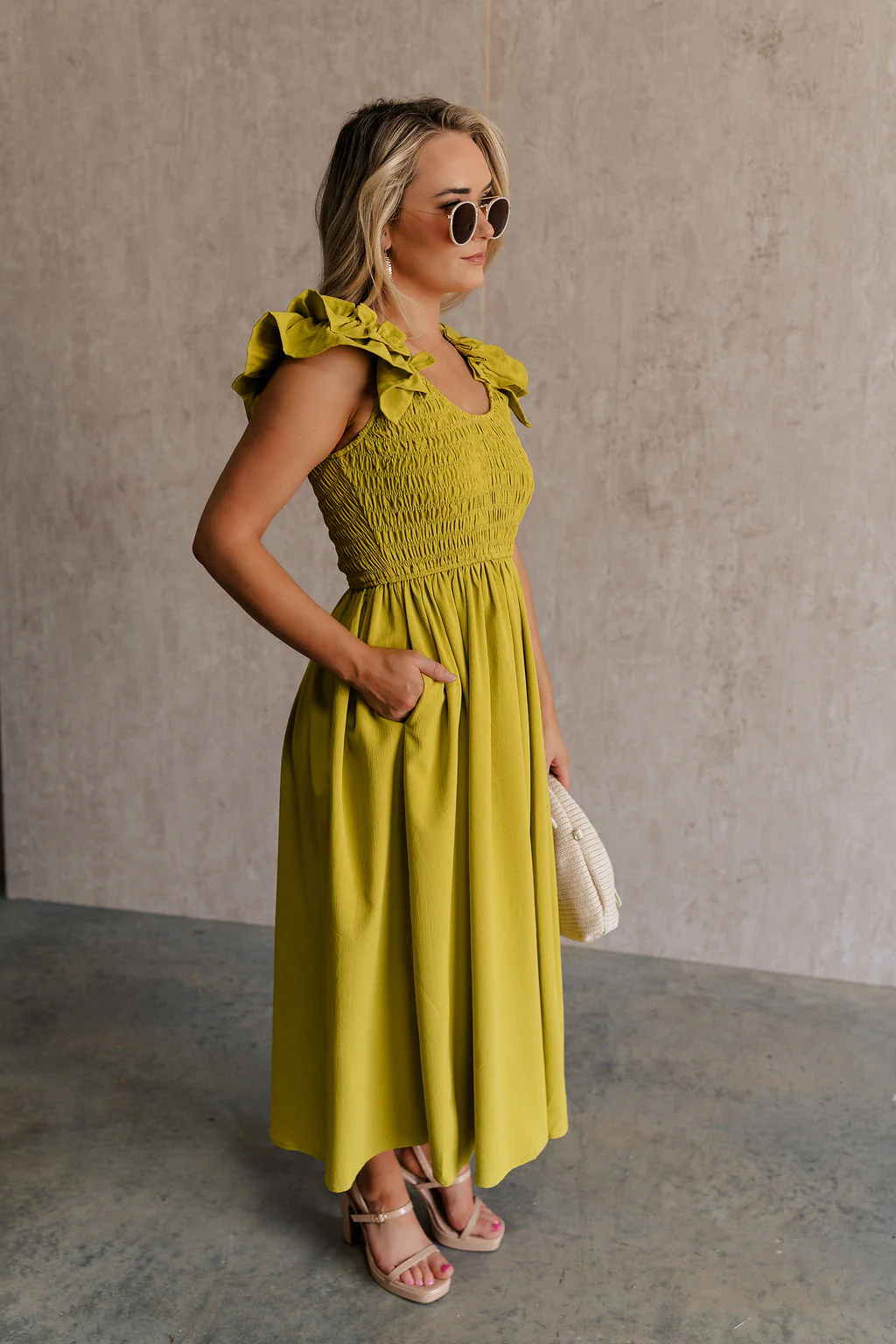 Kristina Chartreuse Smocked Sleeveless Midi Dress - Image 3