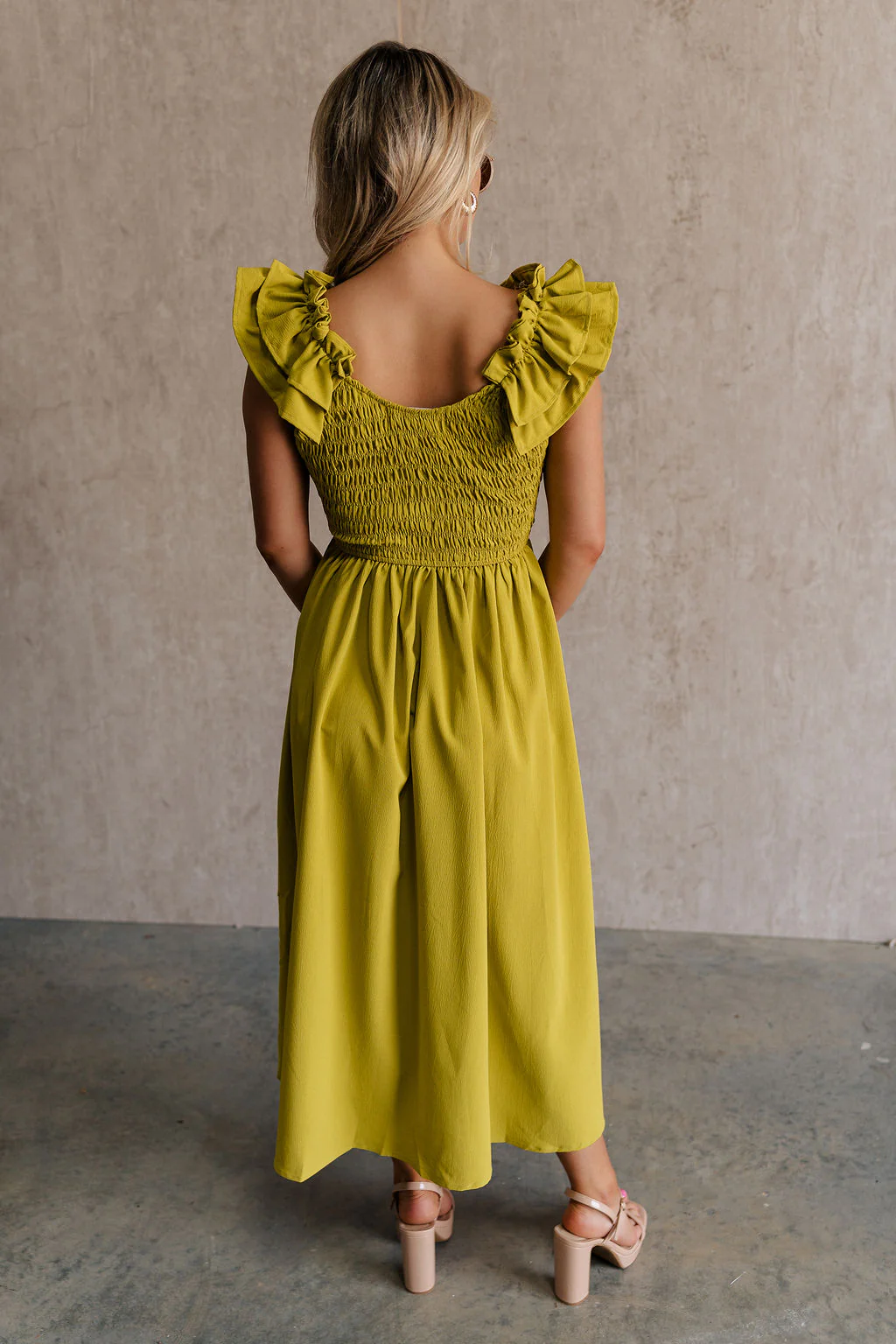 Kristina Chartreuse Smocked Sleeveless Midi Dress - Image 4