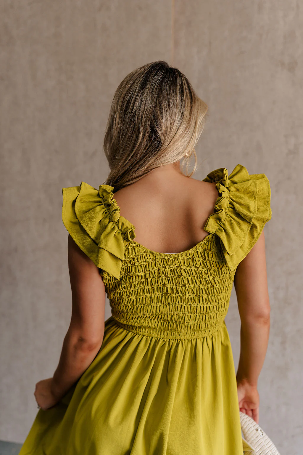 Kristina Chartreuse Smocked Sleeveless Midi Dress - Image 5