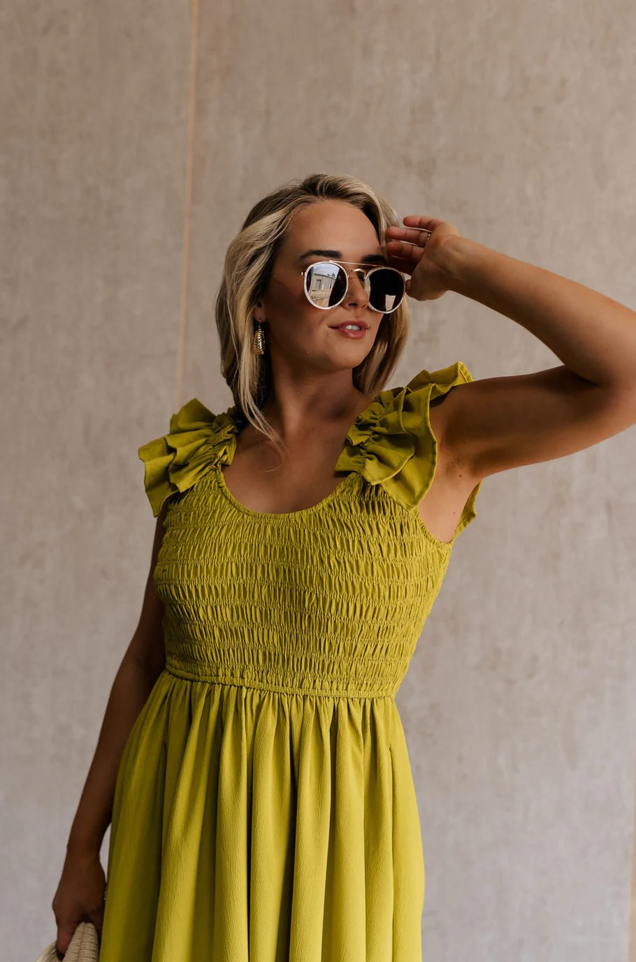 Kristina Chartreuse Smocked Sleeveless Midi Dress - Image 6