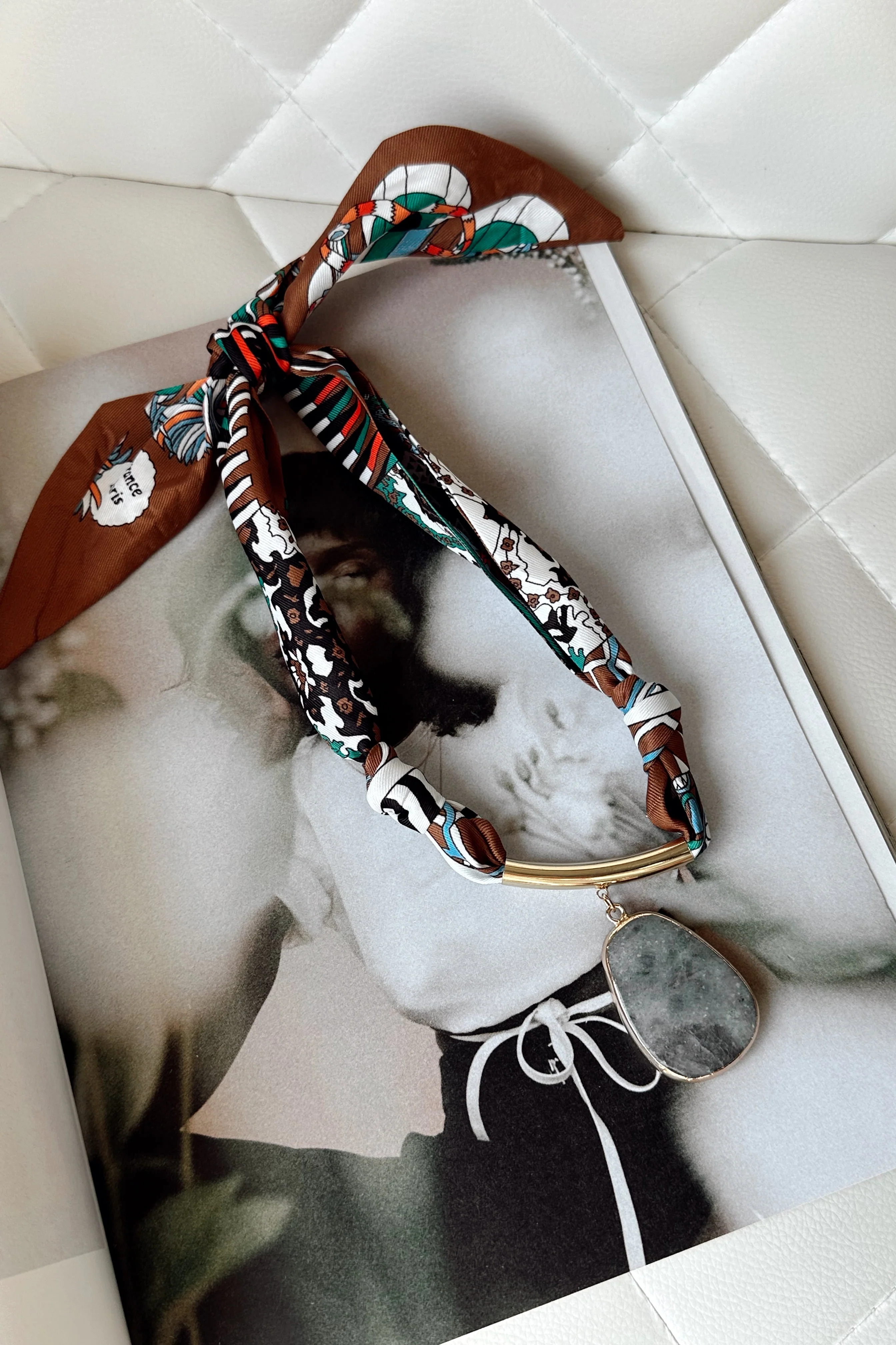 Kylah White Multi & Grey Stone Scarf Necklace - Image 3