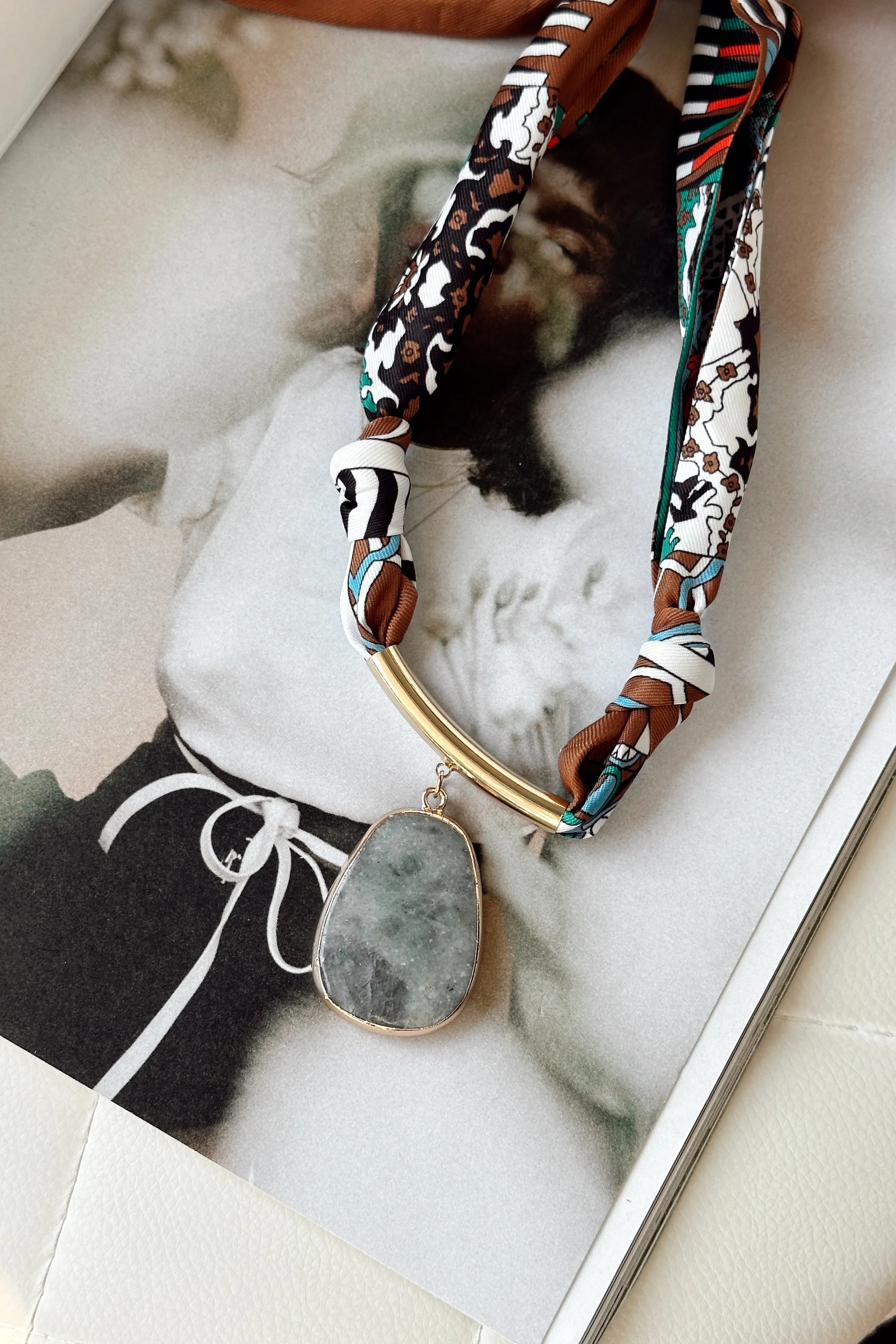 Kylah White Multi & Grey Stone Scarf Necklace - Image 4