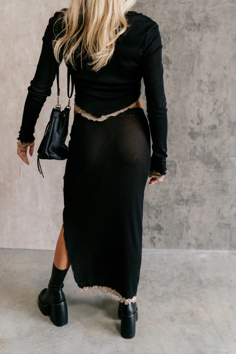 Kylie Black & Taupe Mesh Midi Skirt - Image 5