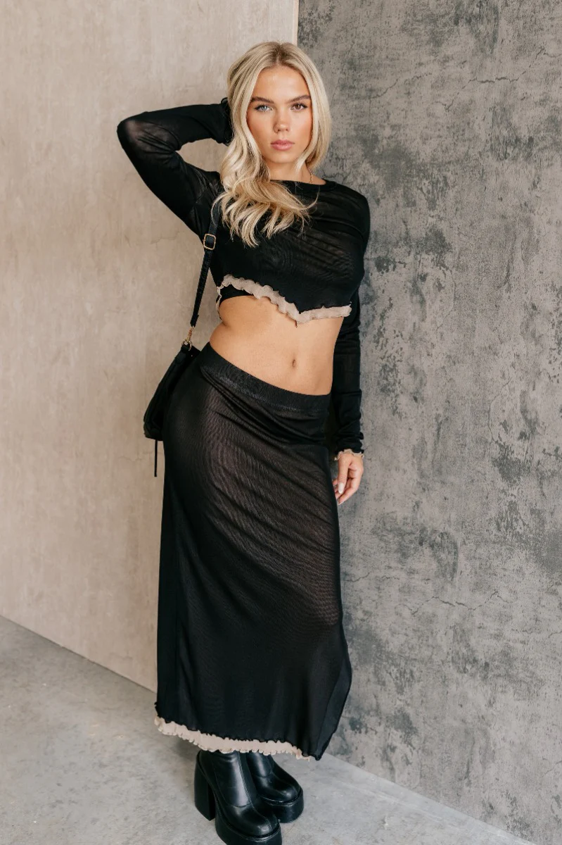 Kylie Black & Taupe Mesh Midi Skirt - Image 7