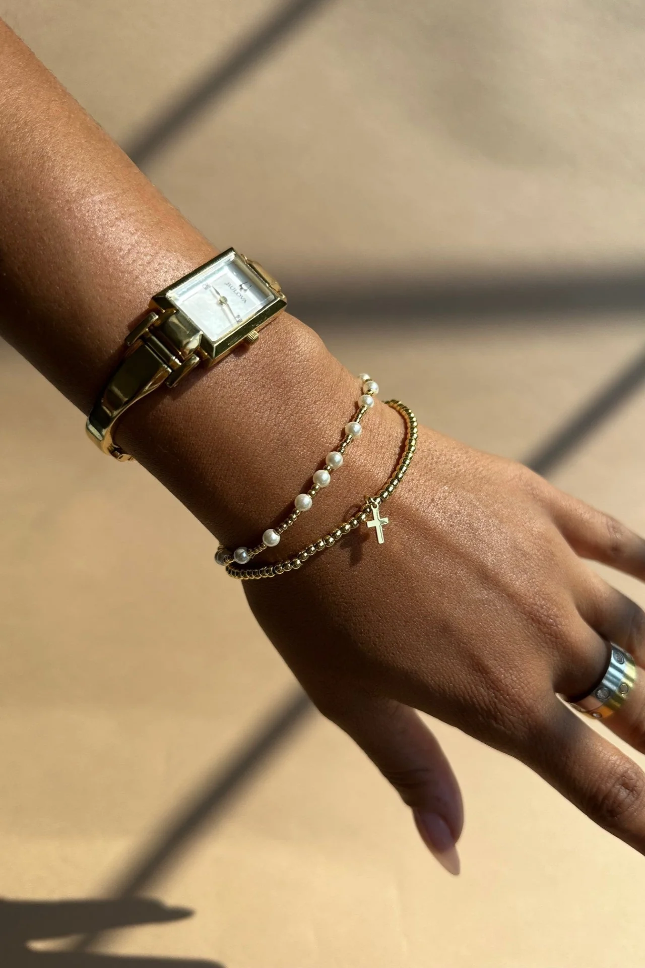 Laila Pearl & Gold Beaded Cross Bracelet Set