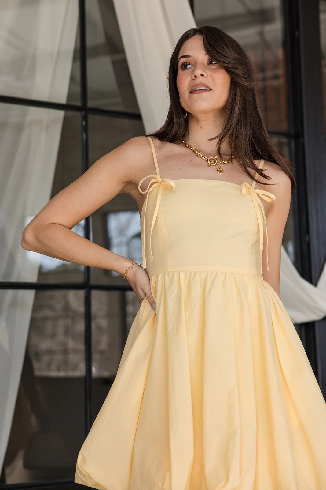 Lainey Yellow Bubble Hem Mini Dress - Image 2