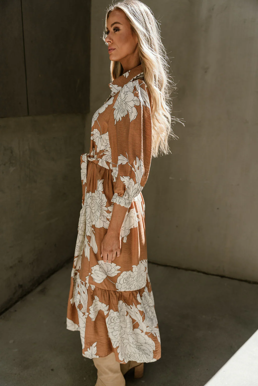 Lana Camel & White Floral Midi Dress - Image 8