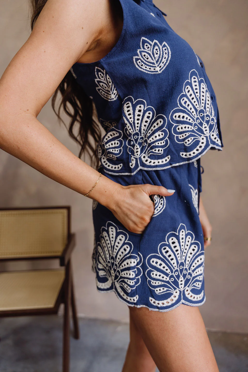 Lana Navy & Cream Stitch Floral Scallop Shorts - Image 5