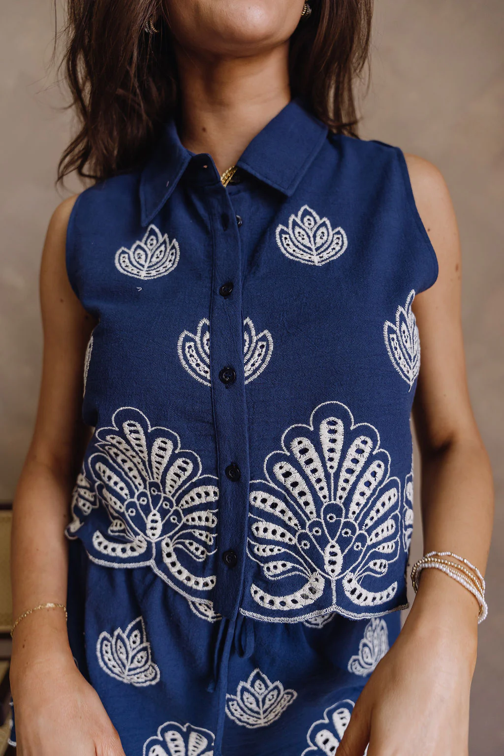 Lana Navy & Cream Stitch Floral Scallop Tank - Image 6