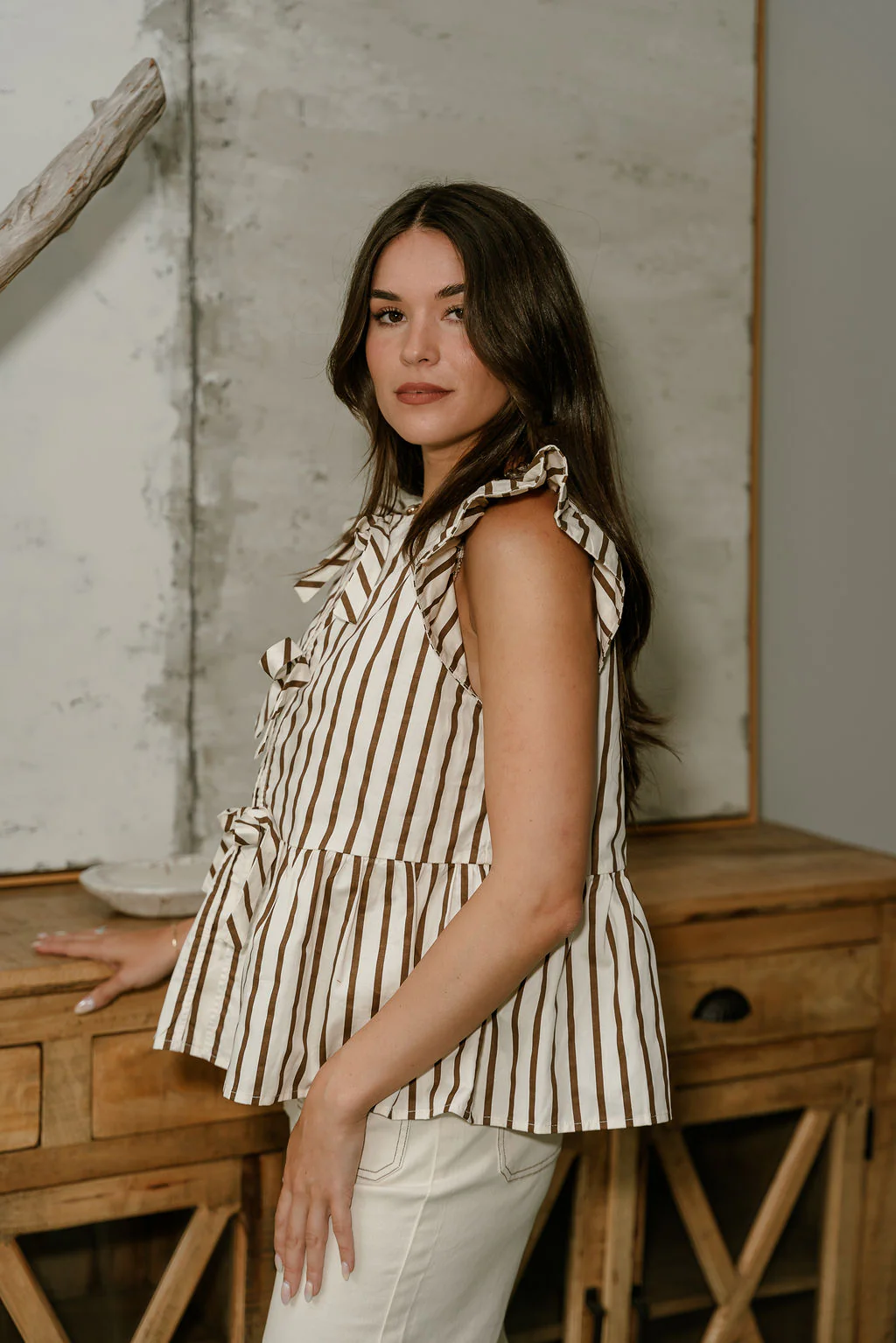 Laney Cream & Brown Striped Tie Front Top - Image 5