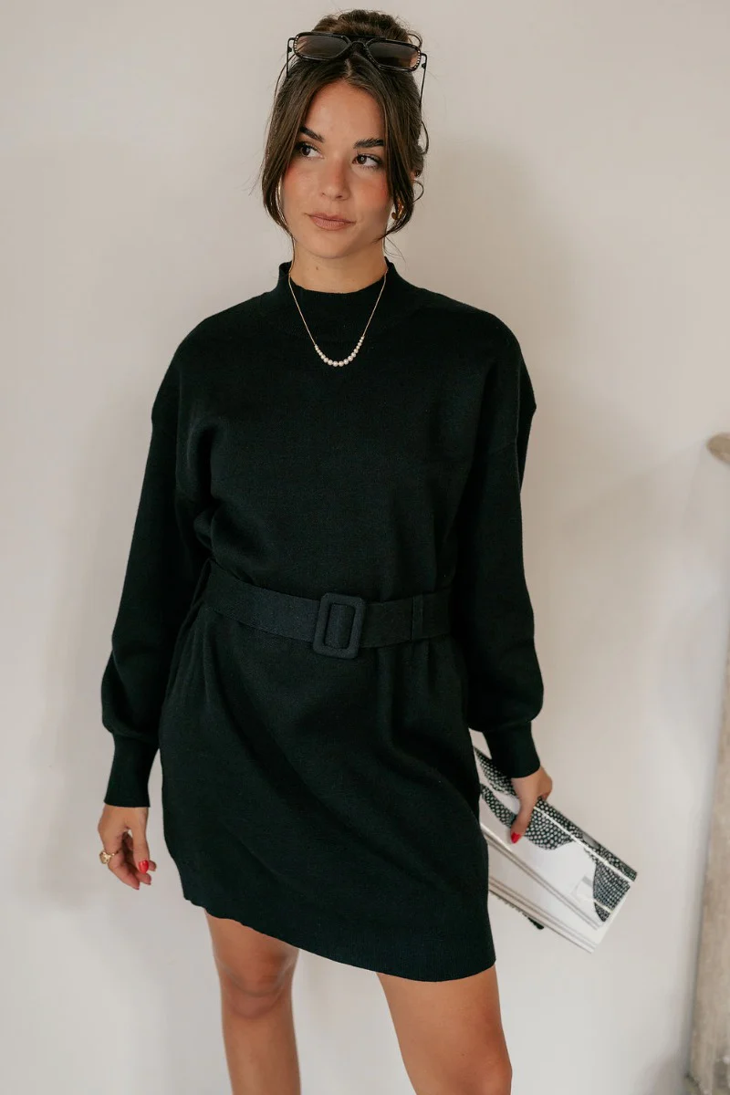 Laura Black Sweater Belted Dress - Image 3