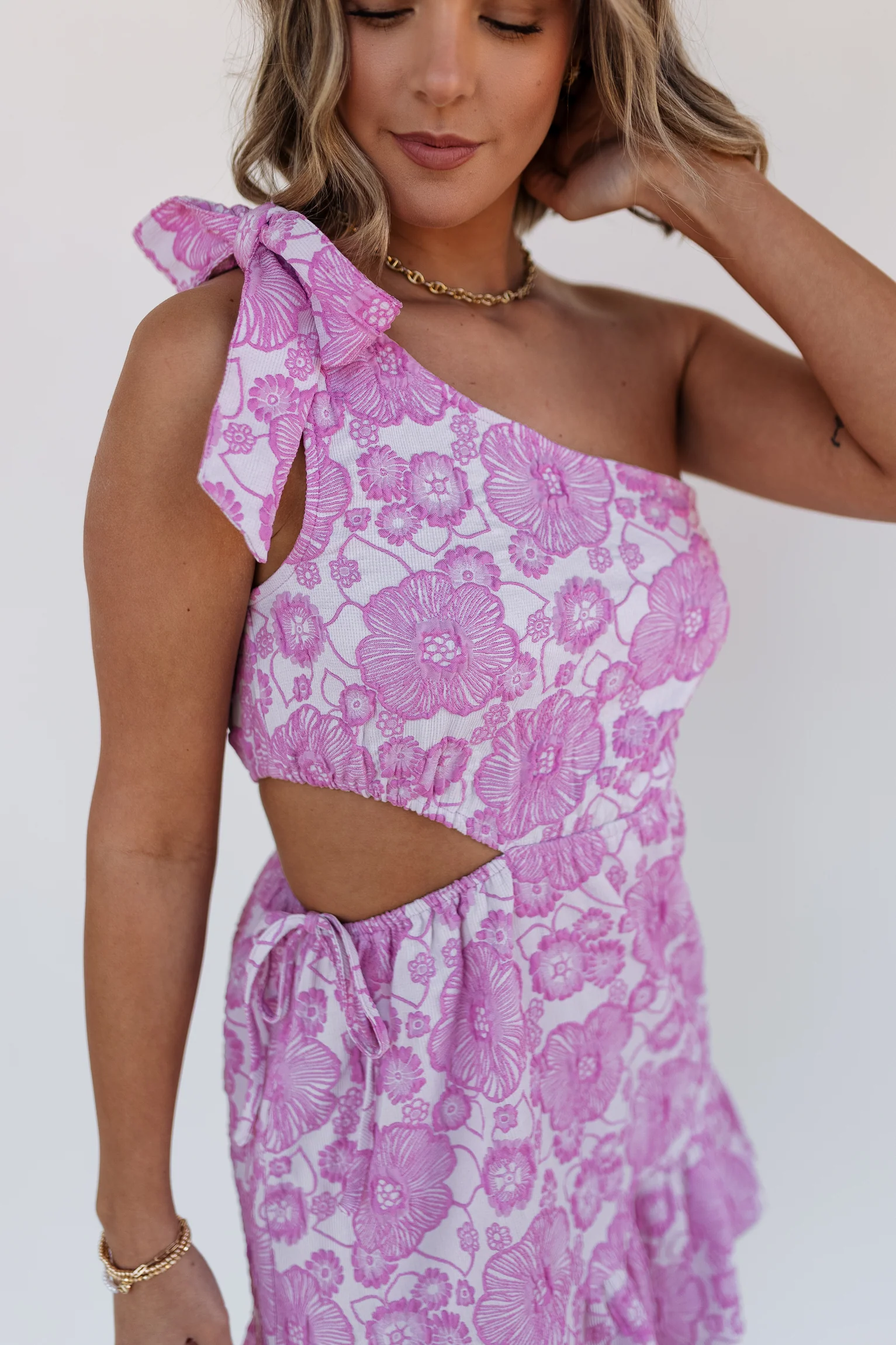 Laura Pink Floral One-Shoulder Dress - Image 3